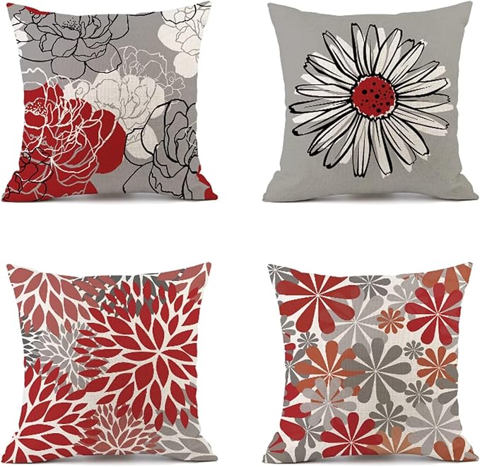 Throw Pillow Covers 20x20 in Set of 4 red Pillow Covers flower Square Decorative Pillows Linen Outdoor Pillowcases With Invisible Zipper Sofa Cushion Covers for Couch Livingroom Car Home Decor Gifts