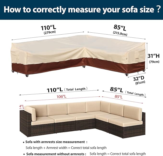 Outdoor Sectional Cover-L-Shaped Patio Furniture Covers Waterproof Rip-Stop Anti-UV 600D Heavy Duty Outdoor Couch Sofa Cover with 3 Air Vents, 110''L (85''L) 32''D 31''H