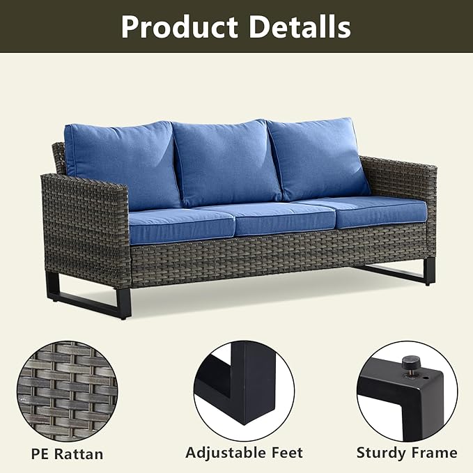 Rilyson Wicker Outdoor Couch Patio Sofa - 3 Seater Rattan Outdoor Patio Couch with Waterproof Wicker,Comfortable Cushions and Sturdy Metal Frame for Outside Porch Deck Backyard(Mixed Grey/Blue)