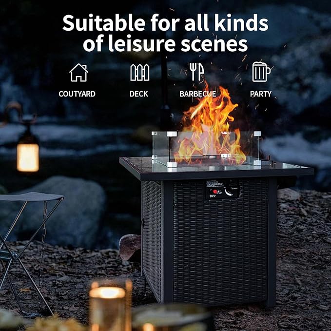 Propane Outdoor Fire Pit Table, 28" Rattan Square Fire Pit Table, Outdoor Gas FirePit W/Glass Wind Guard, Fire Pit Table top With Lid, CSA Listed, 50,000 BTU, Outside Patio Deck & Garden, Black
