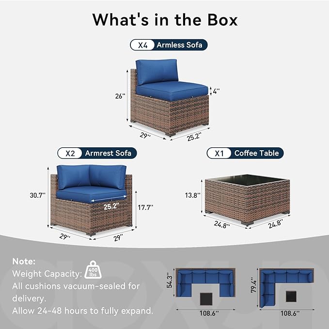 LazySunsets 7 Piece Outdoor Patio Furniture Set with Coffee Table, Outdoor Patio Furniture Sets with Waterproof Cover, Wicker Rattan Outdoor Conversation Set for Backyard & Garden, Blue