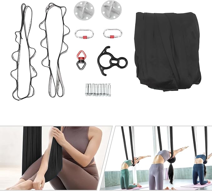3.5 Yards Aerial Silk Swing Indoor, 16.4 * 8.53ft Aerial Yoga Wall Hammock for Adults, Aerial Silk Starter Kit Ceiling with 360° Swivel Connector & Fixing Discs, Inversion Exercises Holds 440lbs