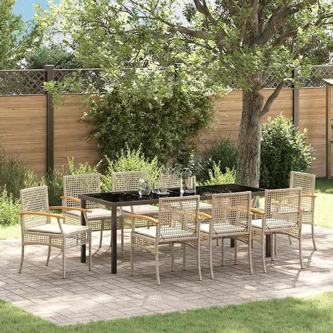 9-Piece Outdoor Garden Dining Set, Patio Rattan Furniture with Cushions, Modern Beige and Black Table and 8 Chairs for Backyard Terrace