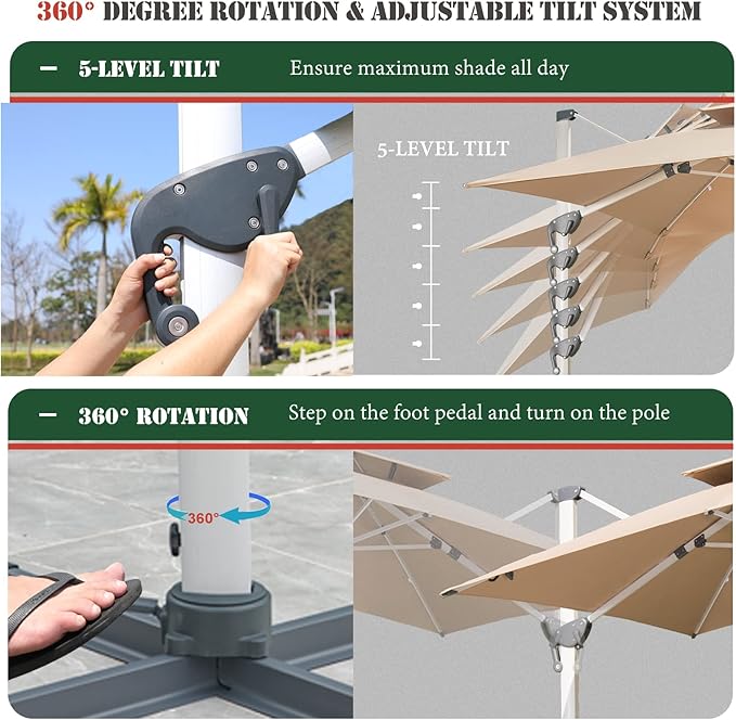 Cantilever Patio Umbrella with Cross Base and Cover Included - 360° Rotation Large Heavy Duty Offset Outdoor Umbrella with Easy Tilt for Pool Backyard Deck Garden (11x11 FT Khaki)