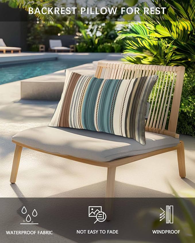 Outdoor Pillows Covers with Inserts Boho Style Stripe Vertical Stripe Waterproof Recliner Pillow with Adjustable Strap Throw Pillows for Patio Furniture Pool Lounge Chair, 12x20 inch, 2PCS