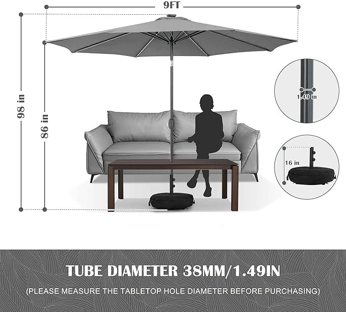 Sundale Outdoor Solar 80 LED 9 ft Patio Umbrella with Sand Bag Umbrella Base, Outdoor Umbrella with Tilt and Crank, Dark Grey