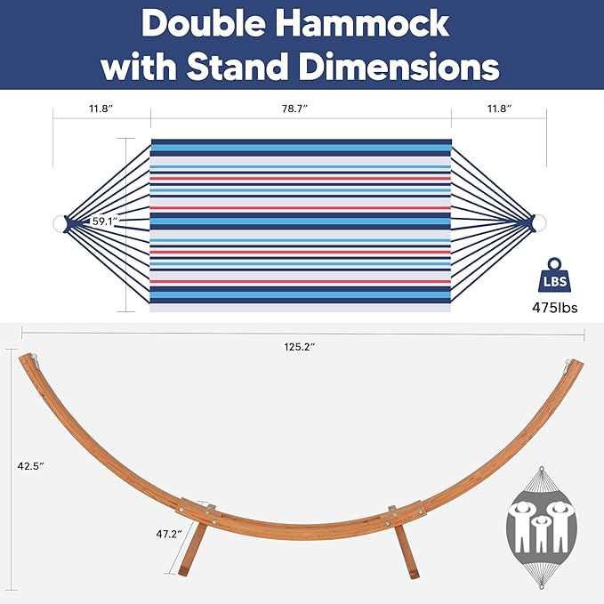 SUNCREAT Outdoor Hammock with Stand Included, Portable Hammock with 10 ft Wooden Stand, Blue Stripes