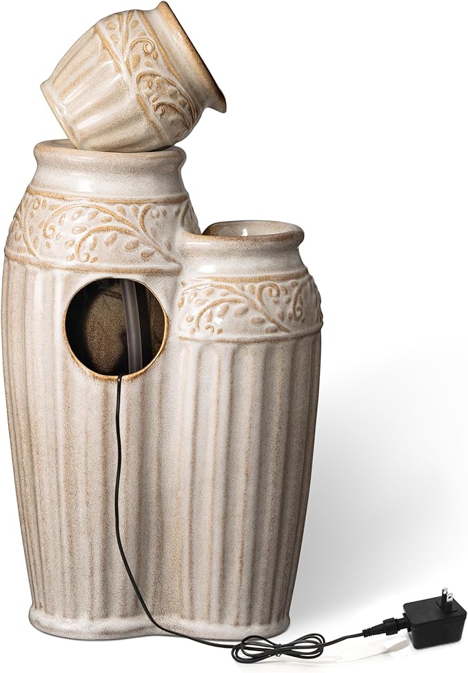 Glitzhome 27.25" H Ceramic Outdoor Water Fountain with LED Lights, 4-Tier Pots Outdoor Fountain,Sand Beige Embossed Pattern, Decorative Water Feature, Cascading Waterfall for Garden, Patio