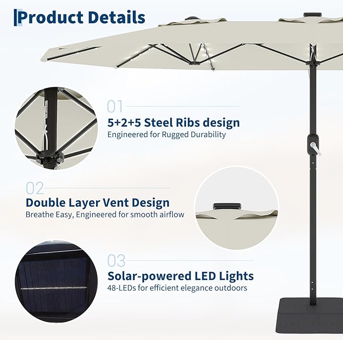 Garvee 15FT Rectangular Patio Umbrella with Solar Lights & Base Included - Large Patio Umbrella with Crank Handle 48 LED Lights, UV Protection for Outdoor Market, Backyard, Deck, Poolside, Lvory