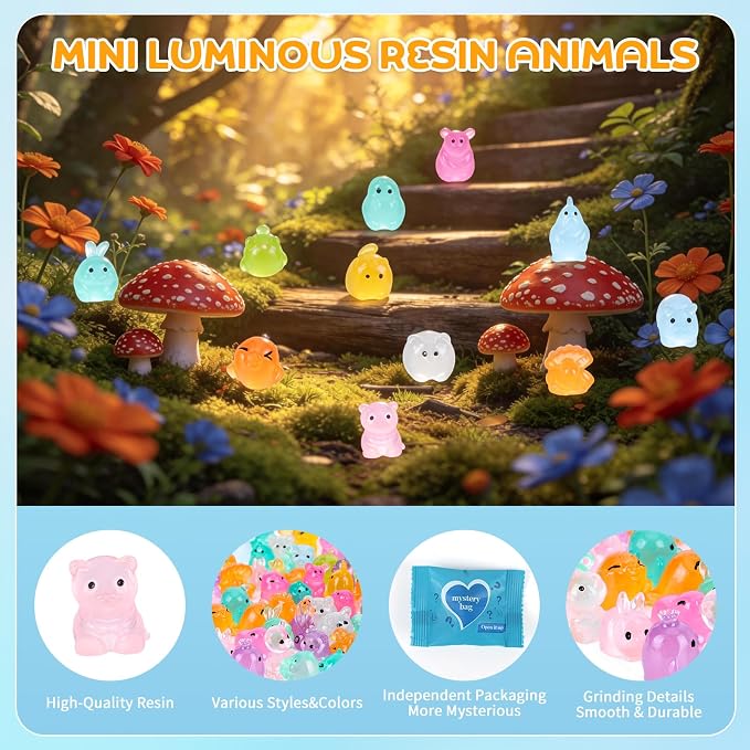 70 Pcs Mystery Mini Resin Animals Blind Bags,Tiny Glow in The Dark Animal Resin Models, mini resin figures,resin animals variety pack for Birthday Party Gift, DIY Crafts, Ornaments, Random Design