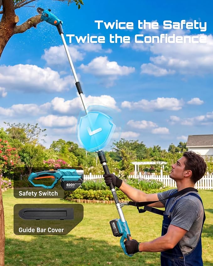 SEESII 8-Inch Electric Pole Saws: 21V Cordless Pole Saws for Tree Trimming, 15-Foot Max Reach, Auto Oiling, Tree Trimmer with 2x4000mAh Battery & Fast Charger, Tree Saw Ideal for Pruning Branches