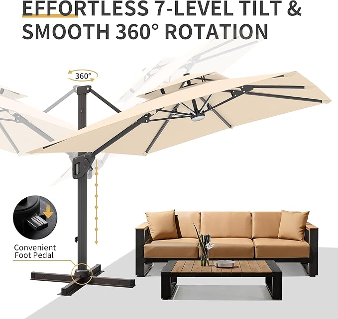 10 X 13 FT Cantilever Patio Umbrella with Led Lights Outdoor Rectangle Offset Large Double Top Heavy Duty Umbrellas with 360°Rotation for Pool Deck Backyard Garden, Beige