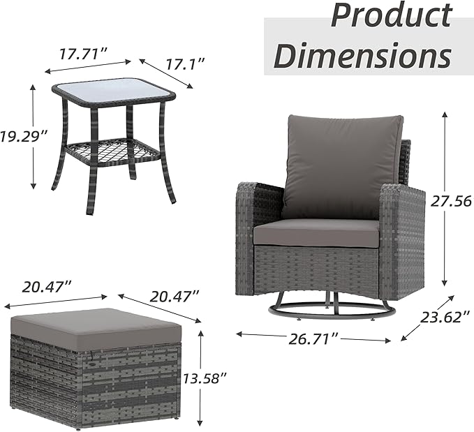 HOMREST 5 Piece Outdoor Patio Furniture Set-Wicker Swivel Chairs Set of 2 with 2 Ottoman, Coffee Table & Cushions Small Patio Furniture Set for Garden, Balcony (Grey)