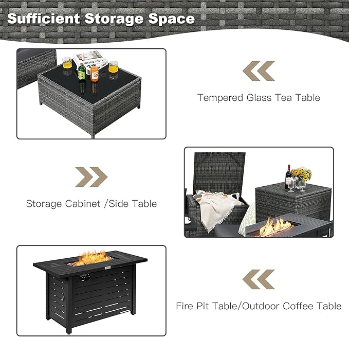 Tangkula 9 Pieces Patio Rattan Furniture Set, Patiojoy Sectional Sofa Set w/Fire Pit Table, Storage Box, Coffee Table, Outdoor Wicker Conversation Set w/ 42” Propane Fire Pit Table (Grey)