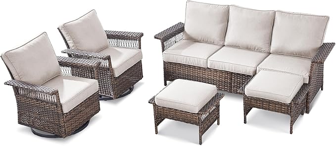 Patio Furniture Set 2 Wicker Swivel Glider Chairs 2 PE Rattan Ottomans with Patio PE Rattan Sofa Brown Wicker Beige Cushions Patio Conversation Set 5pcs for Garden Balcony Backyard