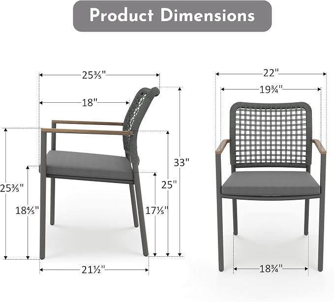 Modern Shade Riviera Outdoor Dining Chairs Set of 2, Fade Resistant, All-Aluminum Woven Rope Outdoor Chairs with FSC Teak Wood Armrests, Weather-Resistant Patio Chair with Quick Dry Cushion, Gray