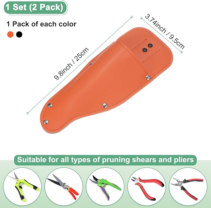 M METERXITY 2-Pack Garden Pruner Sheath, Portable Leather Pruning Shears Sheath Pliers Holder for Belt, Garden Scissors Leather Case for Hand Pruner/Garden Shears/Clippers [Black/Orange]