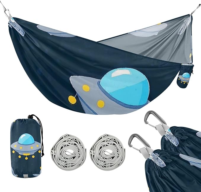 Cartoon Cute Blue-Gray Spaceship 330lb Capacity Outdoor Hammocks with Tree Straps Swing Hammock for Outside Patio Backyard Poolside hamacas para adultos 2 Personas