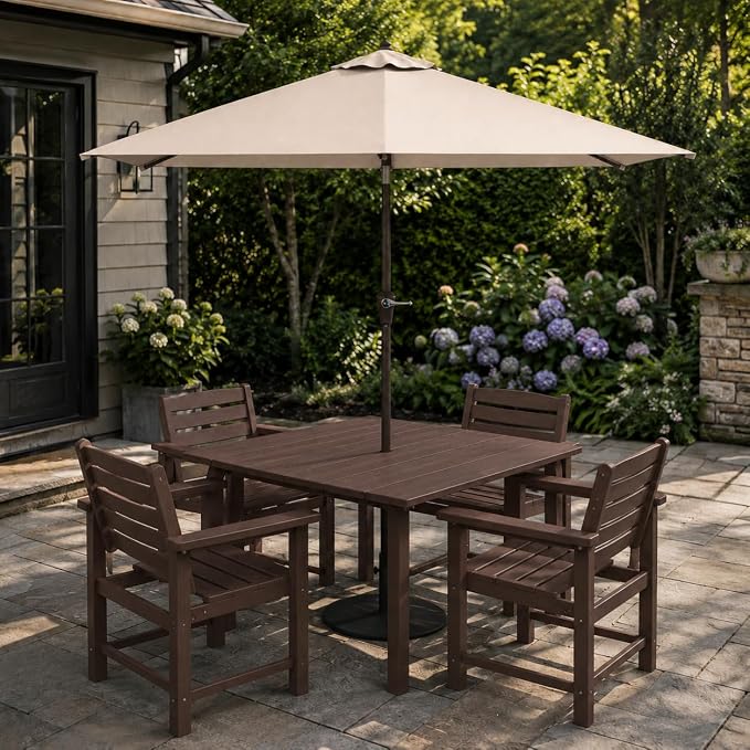 HDPE Outdoor Dining Set for 4, Square Table & Chairs Set | • All-Weather Polywood Composite • 410 lbs Heavy-Duty Support • Built-In 2" Umbrella Hole • Easy Soap-Water Wash