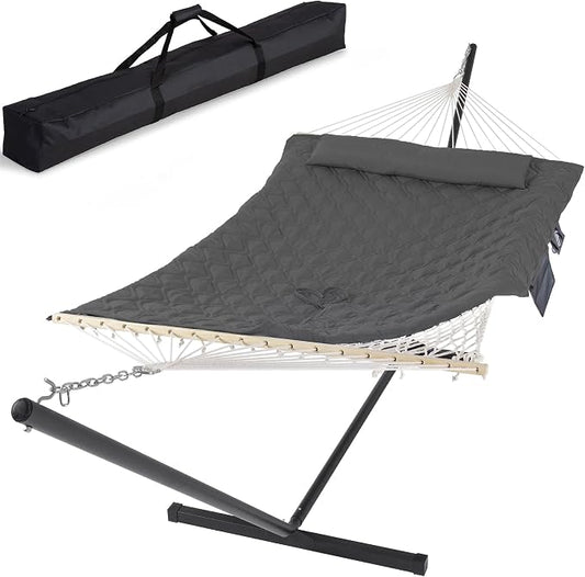SUNCREAT Hammocks for Outside with Stand, Extra Large 2 Person Hammock with Stand, Carrying Bag, Dark Gray Drops