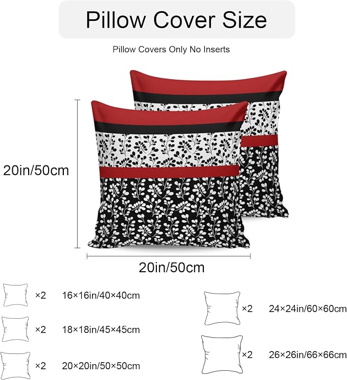 Black Red Outdoor Pillow Covers 18x18 Inch Throw Pillow Covers Set of 2 Waterproof Decorative Pillow Cases Garden Floral Stripe Aesthetic Flower Boho Cushion Covers for Patio Furniture Garden Couch