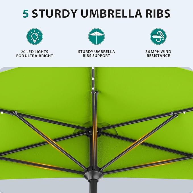 AreShark 9ft Patio Half Umbrellas with Solar Lights, 1/2 LED Half Outdoor Umbrella w/ 20 LED Lights, Lighted Table Wall Umbrella with Crank & 5 Sturdy Ribs for Market, Pool, Deck, Lawn and Garden, Apple Green