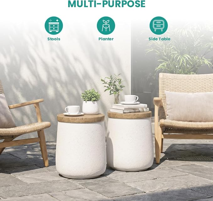 SUNBURY Outdoor Side Table, 13" W Concrete End Tables for Patio, Accent Side Table, Garden Stool Wooden-Look Top Lightweight for Livingroom Bedroom, Garden, Backyard, White