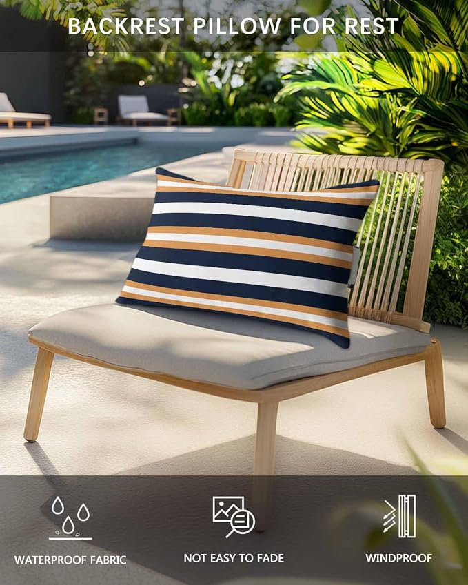 Stripes Outdoor Pillows for Chaise Lounge Chair Set of 1 Orange Navy Blue Stripe Modern Abstract Minimalist Waterproof Lumbar Patio Pillows with Insert & Adjustable Elastic Strap for Recliner Beach
