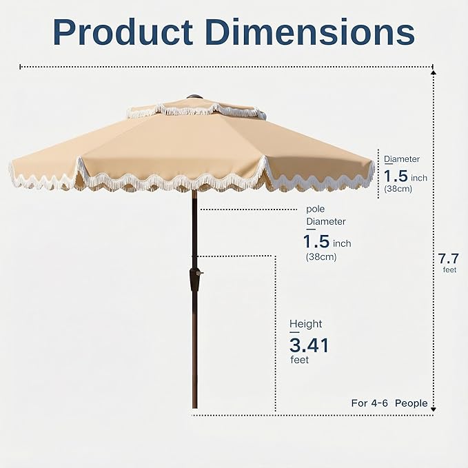 9FT Patio Umbrella with Fringe,Tassel Umbrella with Push-Button Tilt | UPF 50+ & Rust-Resistant Fiberglass Frame for Patio, Pool,Garden,Yard(Khaki)