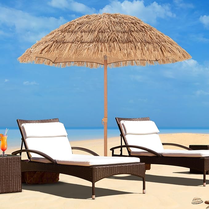 HAPPYGRILL 6.5 FT Hula Thatched Tiki Beach Umbrella, 30° Tilting Hawaiian Style Tropical Holiday Umbrella with 8 Metal Ribs, Carry Bag & Foldable Base for Patio, Garden & Pool