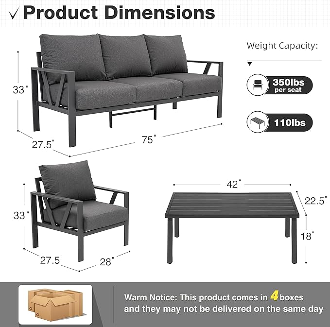 Outdoor Patio Furniture Set, 4 Pieces Metal Patio Furniture Set with Coffee Table, Modern Outdoor Patio Conversation Seating Set, Grey