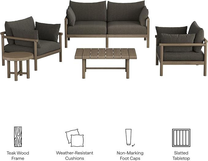 Modway Eleni 5-Piece Outdoor Teak Wood Patio Furniture Set in Weathered Gray Flint – Backyard Conversation Set with Loveseat, 2 Armchairs, Side Table, and Coffee Table