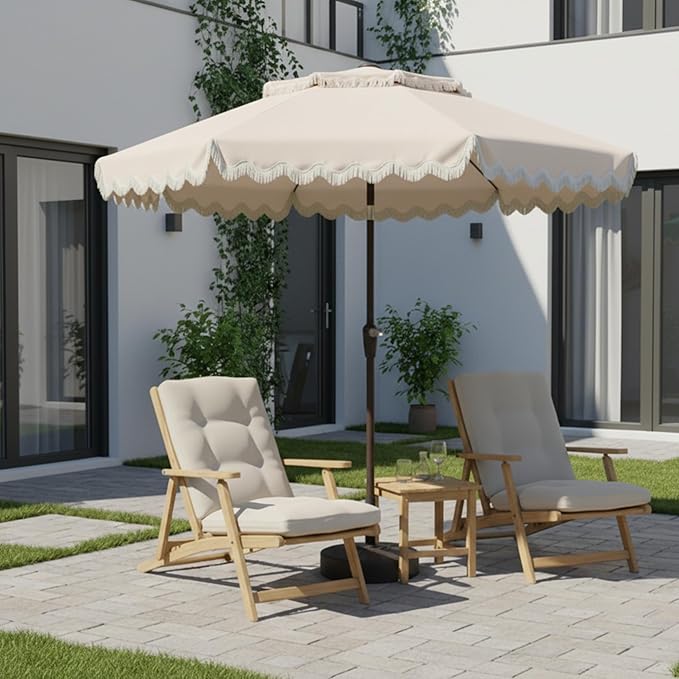 9FT Patio Umbrella with Fringe,Tassel Umbrella with Push-Button Tilt | UPF 50+ & Rust-Resistant Fiberglass Frame for Patio, Pool,Garden,YardCreamy-white