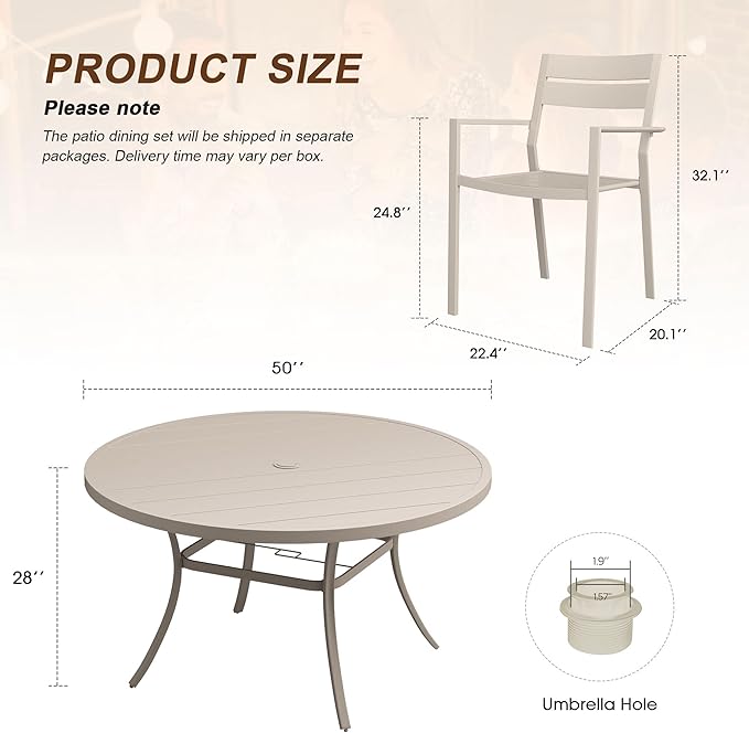 VICLLAX Patio 7 Pieces Outdoor Dining Set, Wrought Iron Metal Outdoor Table and Chairs Set, 50" Round Table with Umbrella Hole and 8 Stackable Chairs for Lawn, Garden, Porch, Sandshell