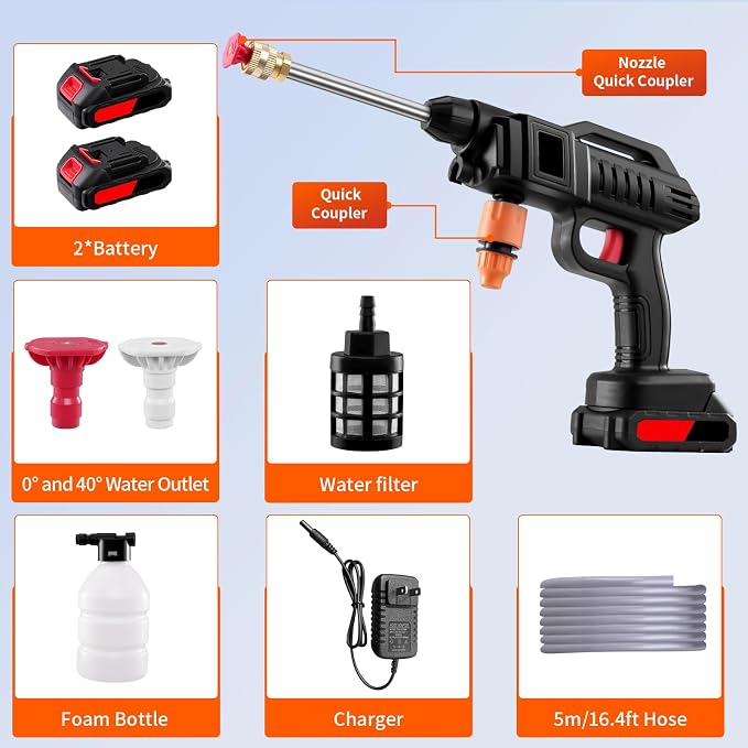 Cordless Portable Washer 1500W, Battery Operated Washer, 60Bar/870 PSI Cordless Washer with 12 Accessories, Lightweight Car Washer Gun for Cars/Floors/Gardens