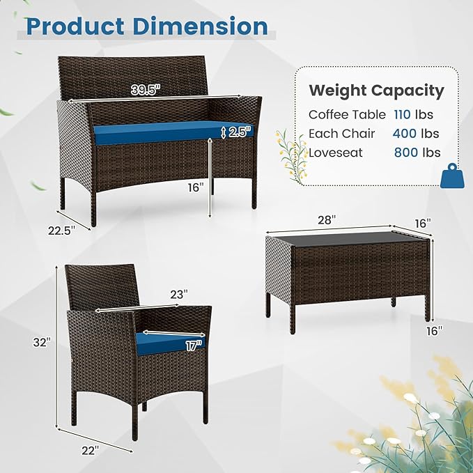 DORTALA 4-Piece Rattan Patio Furniture Set, Outdoor Table & Chair Set with Tempered Glass Coffee Table, Cushion, Wicker Conversation Set for Garden, Lawn, Poolside and Backyard, Peacock Blue