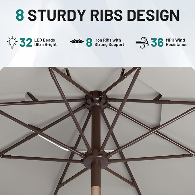 AreShark 9ft 3 Tiers Patio Umbrella with Solar Lights, Outdoor Umbrella w/ 32 LED Lights&8 Sturdy Ribs, Table Umbrella for Deck, Backyard, Pool (Light Gray)