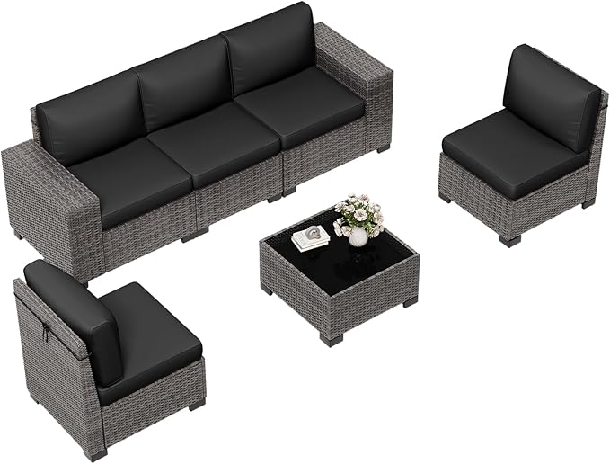 6 Pieces Outdoor Patio Furniture Set with Table Gray Rattan Sectional Sofa Conversation Sets for Balcony Lawn and Garden (Black, 6 pcs w/Table)