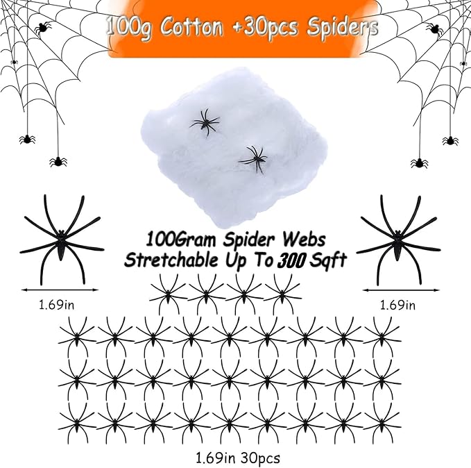 Spider Webs Halloween Decorations,300Sqft Spider Webs | with 30 Fake Spiders,Stretchable DIY Cobwebs Indoor/Outdoor Scary Outside Garden Window Yard Tree home Parties,Haunted Houses