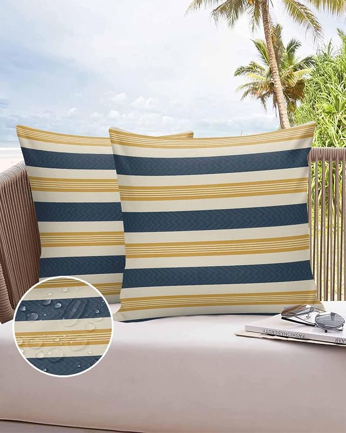 Vandarllin Outdoor Throw Pillows Covers 20x20 inch Set of 2 Waterproof Navy Blue Stripes Lines Decorative Zippered Cushion Covers for Patio Furniture, Yellow Classic Striped Lumbar Pillowcases