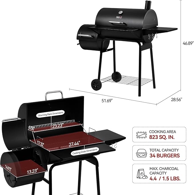 Royal Gourmet CC1830SC Charcoal Grill Offset Smoker with Cover, 823 Square Inches, Black, Perfect for Backyard Cooking, Outdoor Camping