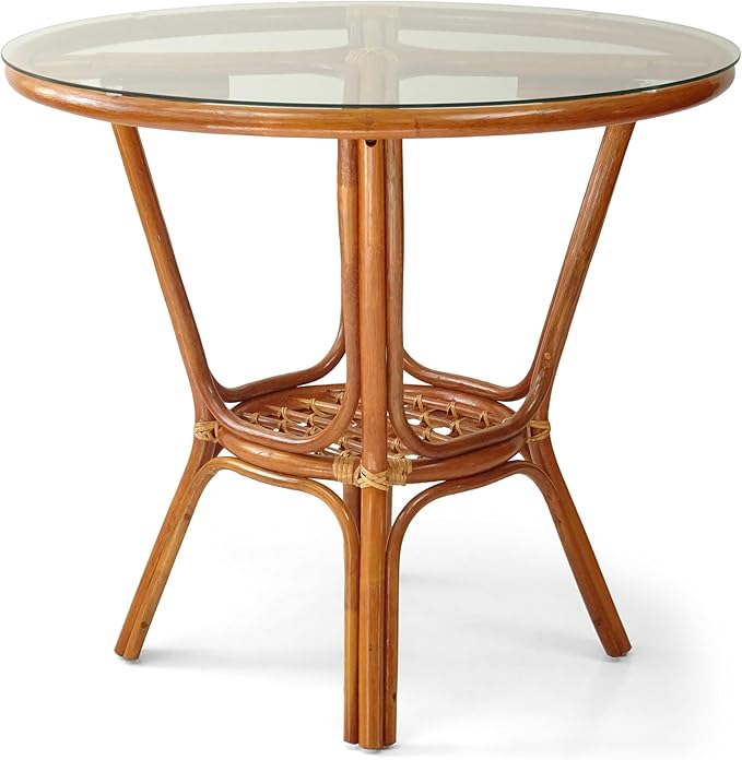 3 Pcs Pelangi Rattan Wicker Dining Set Round Table Glass Top and 2 Arm Chairs with Cream Cushion, Colonial Color