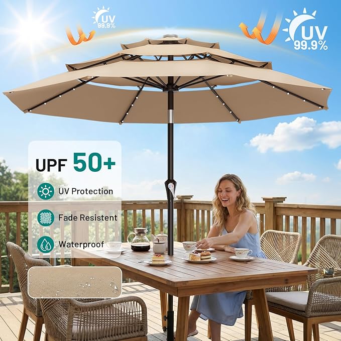 AreShark 9ft 3 Tiers Patio Umbrella with Solar Lights, Outdoor Umbrella w/ 32 LED Lights&8 Sturdy Ribs, Table Umbrella for Deck, Backyard, Pool (Beige)