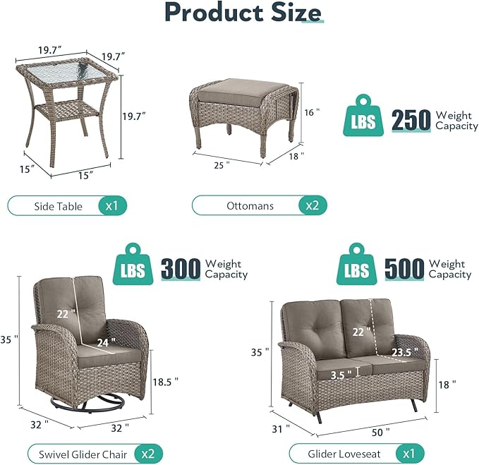 6 Piece Patio Furniture Set - Wicker Patio Conversation Set with Swivel Glider, Glider Loveseat, Tempered Glass Side Table and 2 Ottomans for Deck Backyard - Grey Wicker Grey Cushion