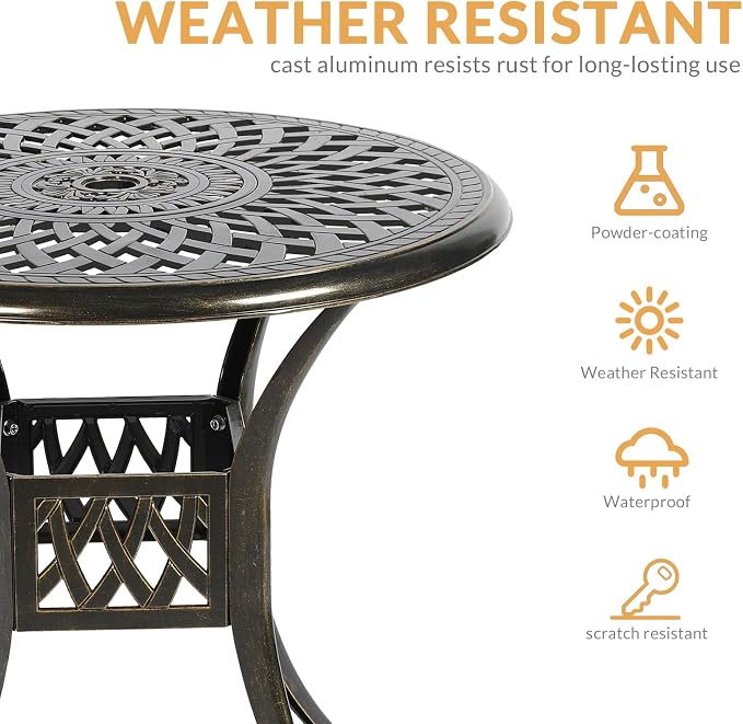 3-Piece Outdoor Patio Dining Set, All-Weather Cast Aluminum Patio Furniture Set for Backyard Garden Deck with 2 Cushioned Chairs and 31” Round Table, 2" Umbrella Hole, Ocean Blue
