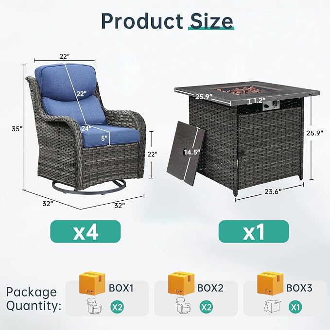 Outdoor Swivel Rocker Patio Chairs Set of 4 with Fire Table - 5" Thick Cushion 5 Piece Furniture Set with Fire Pit Table All Weather Wicker Conversation Set for Porch Deck - Gray/Blue