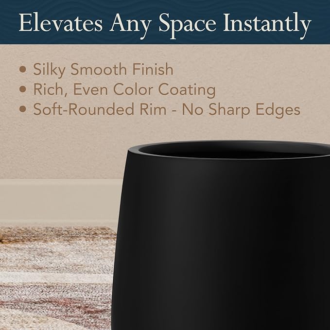 KUTE NEST 21" H x 19" D Premium Corso Fiberstone Round Tapered Planter with Drainage Hole, Weather Resistant for Indoor and Outdoor Use, Included 2 Extra Coco Mats (Black, 15" Pot Opening)