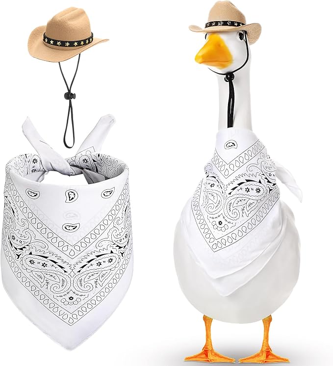Shyyween Western Cowboy Porch Goose Outfits for 23"/ 17'' Lawn Cement Goose Statue Clothes Cowboy Hat with Bandana Scarf(White, Beige)