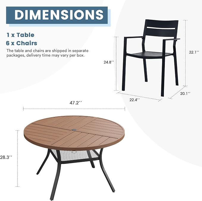 DIFY 7 Piece Outdoor Patio Dining Set for 6, 47.2" Round Dining Table with Umbrella Hole and Stackable Metal Chairs, Patio Table and Chairs Set for Backyard Garden Poolside, Walnut & Black