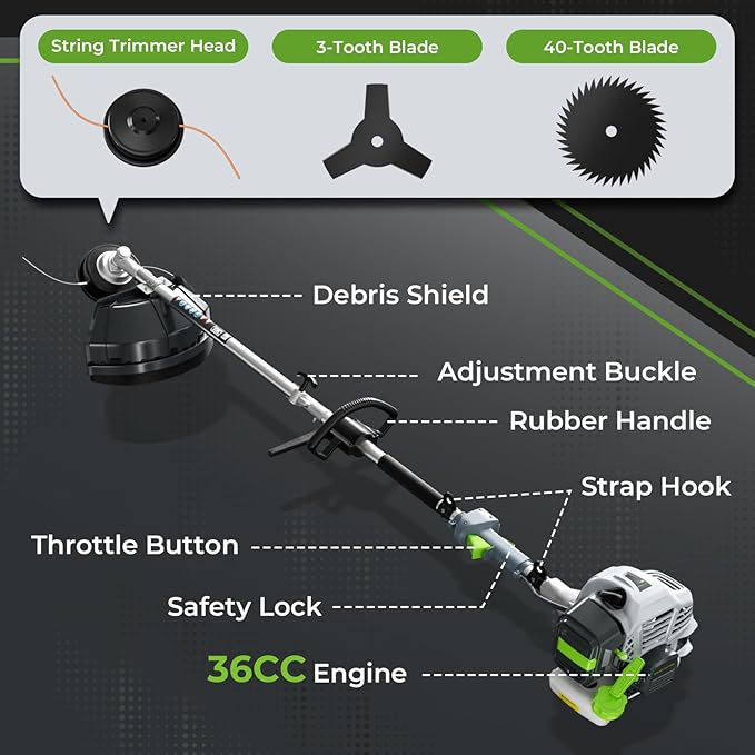 36CC Gas Powered String Trimmer, 3IN1 2-Stroke Gas Powered Weed Wacker with Brush Cutter, 3/40-Tooth Blade, Shoulder Strap for Garden, Yard
